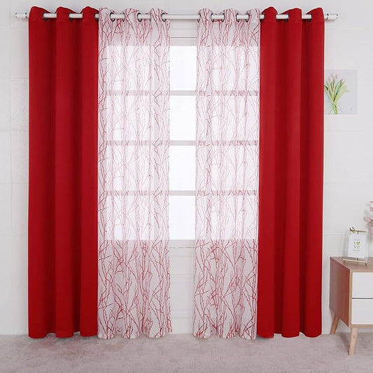 BONZER Mix and Match Curtains - 2 Pieces Branch Print Sheer Curtains and 2 Pieces Blackout Curtains for Bedroom Living Room Grommet Window Drapes, 37x84 Inch/Panel, Red, Set of 4 Panels
