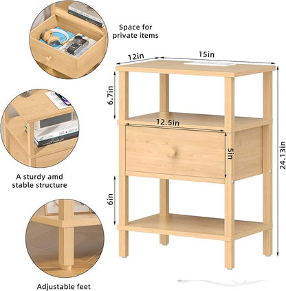 Lerliuo Nightstand Set of 2 with Charging Station and USB Ports, 3-Tier Storage End Table with Drawer Shelf, Night Stand for Small Spaces, Wood Bedside Table for Living Room, Bedroom - Natural Wood