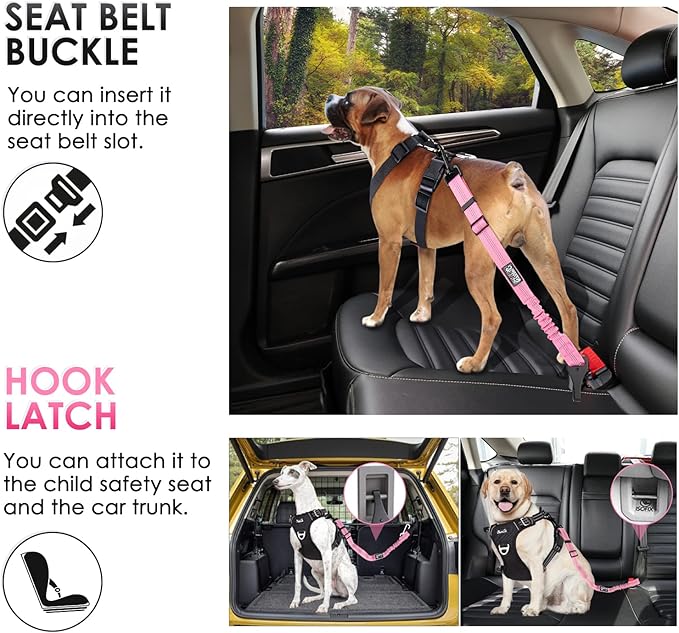 SlowTon Dog Seat Belt, Adjustable Dog Safety Belt Leash, 2 in 1 Latch Bar Attachment Dog Car Seatbelt with Elastic Nylon Bungee Buffer, Reflective Nylon Belt Tether(Pink,35.5in)-Mewly Pet