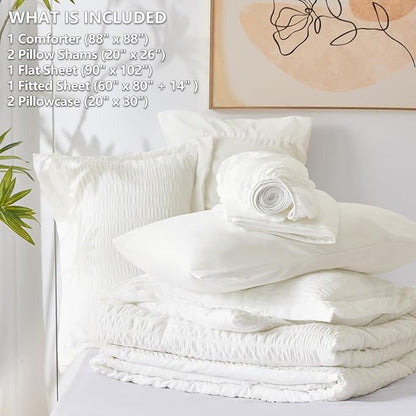 CozyLux Queen Comforter Set Ivory Seersucker 7 Pieces Bed in a Bag Queen Comforter Set with Sheets, Luxury Soft Bedding Set with Down Alternative Comforter, Sheets, Pillowcases & Shams for All Seasons
