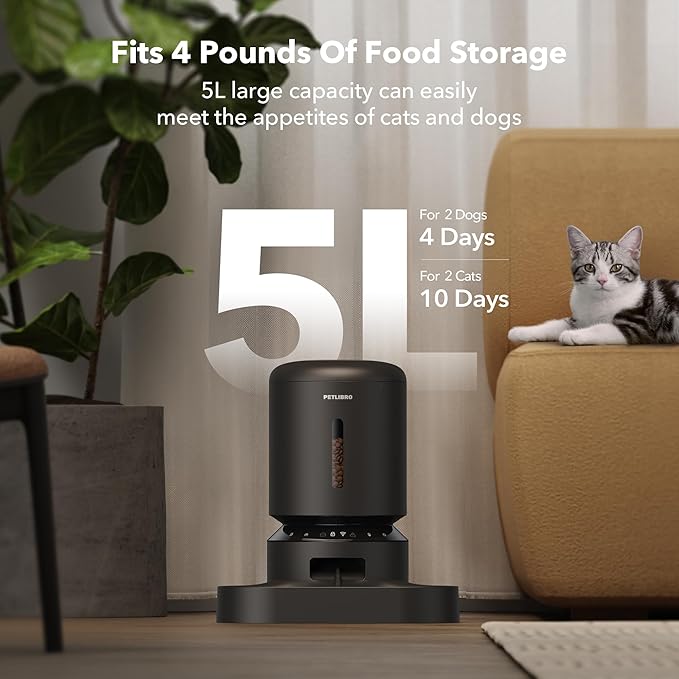PETLIBRO Automatic Cat Feeder for 2 Cats, 5G&2.4G WiFi Pet Feeders, 5L Programmable Cat Food Dispenser with Airtight Lock-Fresh Technology, Dual Stainless Steel Bowls, Low Food Sensor-Mewly Pet
