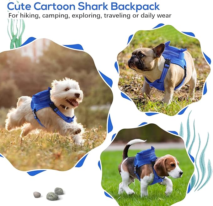 IDOMIK Dog Backpack Harness, No-Pull Dog Backpack with D-Ring for Small Medium Dogs, Cute Self Carrier Backpack for Dogs to Wear, Adjustable Dog Harness Backpack for Traveling Camping Hiking,Shark,L-Mewly Pet