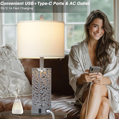 Vintage Lamp for Living Room Set of 2,Antique Retro Bedside Nightstand Lamps with 2 USB Ports & AC Outlet,Touch Control Industrial Desk Lamp for Bedroom Entryway,Gray
