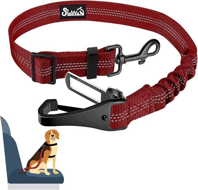 SlowTon Dog Seat Belt, Adjustable Dog Safety Belt Leash, 2 in 1 Latch Bar Attachment Dog Car Seatbelt with Elastic Nylon Bungee Buffer, Reflective Nylon Belt Tether(Red 35.5in)-Mewly Pet