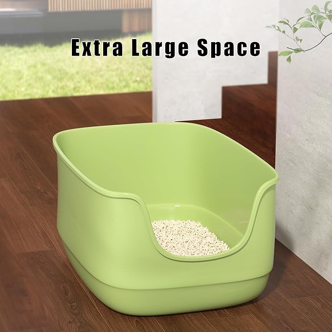 Gefryco Large Cat Litter Box with High Sided 24.6"x18.3"x12.2" - Jumbo Extra Large Open Anti - Splashing High Wall for Multiple Cats (Green)-Mewly Pet