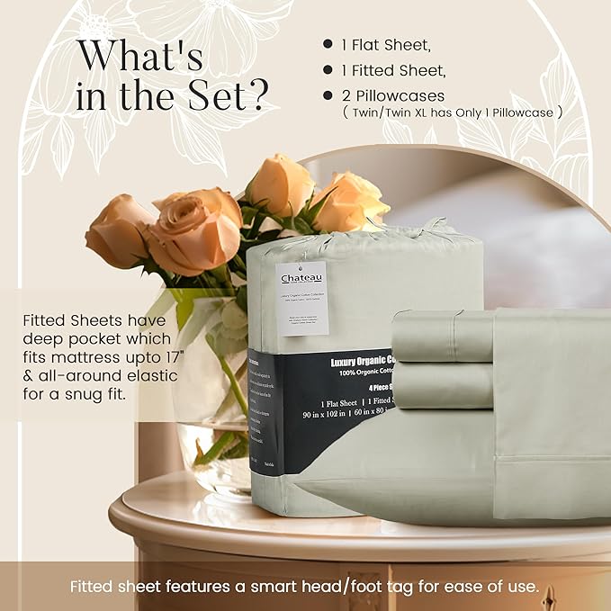 King Bed Sheets Deep Pocket King Sheet Set, 300 Thread Count Long Staple Fully Elasticated Organic Cotton Sheet & Pillowcase sets, Machine Wash No Pill Naturally Breathable Cotton Bedding- Sage