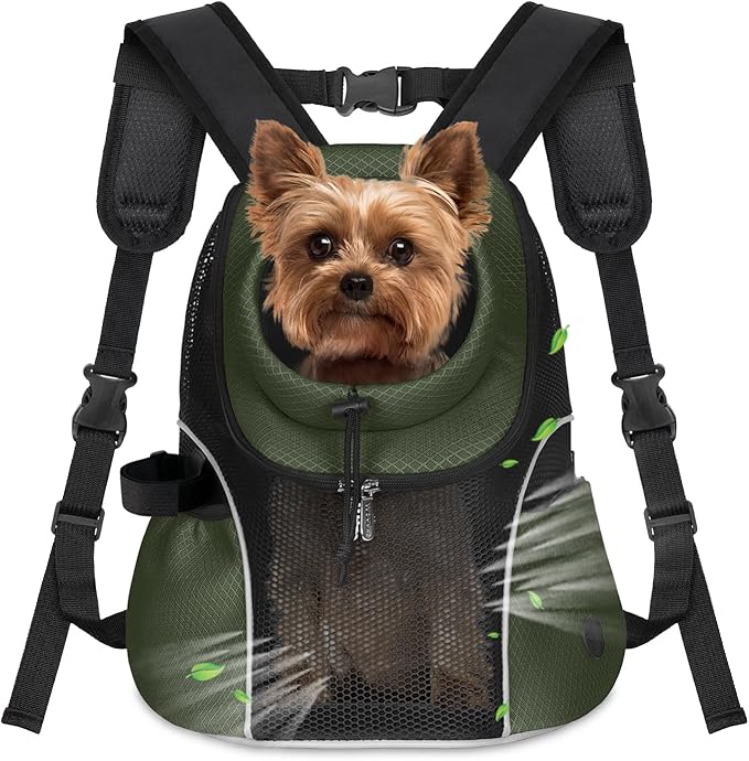 WOYYHO Pet Dog Carrier Backpack Small Dog Front Backpack Ventilated Mesh Dog Travel Back Pack with Safety Belt for Travel Hiking Cycling Outdoor Adventures (Size S: 2-4.5 lbs, Army Green)-Mewly Pet