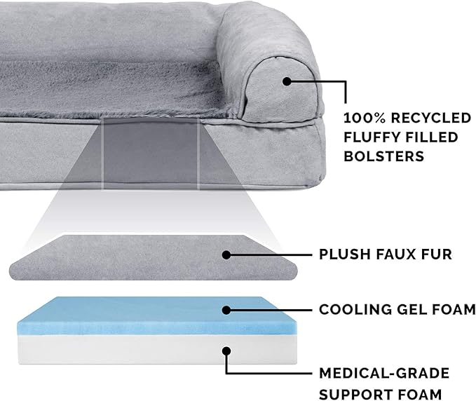 Furhaven Cooling Gel Dog Bed for Large/Medium Dogs w/ Removable Bolsters & Washable Cover, For Dogs Up to 55 lbs - Plush & Suede Sofa - Gray, Large-Mewly Pet