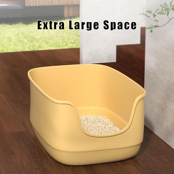 Gefryco Large Cat Litter Box with High Sided 24.6"x18.3"x12.2" - Jumbo Extra Large Open Anti - Splashing High Wall for Multiple Cats (Yellow)-Mewly Pet