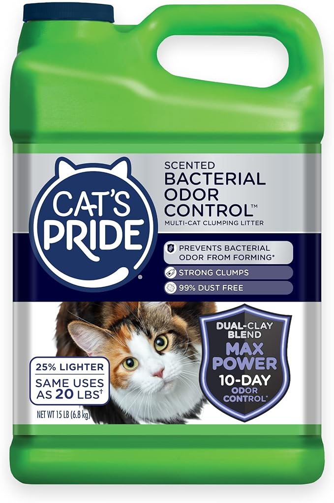 Cat's Pride Max Power: Bacterial Odor Control - Up to 10 Days of Powerful Odor Control - Strong Clumping - 99% Dust Free - Multi-Cat Litter, Fresh Scented, 15 Pounds-Mewly Pet