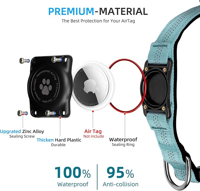 Upgraded AirTag Dog Collar, IP68 Waterproof Air Tag Dog Collar Holder, Reflective, Ultra-Durable, Comfortable Padded, Heavy Duty Dog Collars for Small Medium Large Dogs (L (14.8"-20.3"), LightBlue)-Mewly Pet