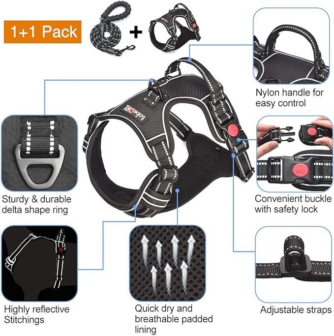 No Pull Harness with A Free Heavy Duty 5ft Leash for Medium Large Dog Adjustable Reflective Oxford Easy Control (L (Neck: 18"-25.5", Chest: 24.5"-33"), Black Harness+Leash)-Mewly Pet