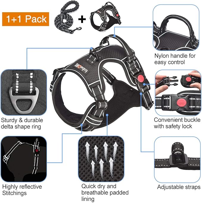 No Pull Dog Harness Adjustable Reflective Oxford Easy Control Medium Large Dog Harness with A Free Heavy Duty 5ft Dog Leash (M (Neck: 14.5"-20.5", Chest: 22"-28"), Black Harness+Leash)-Mewly Pet