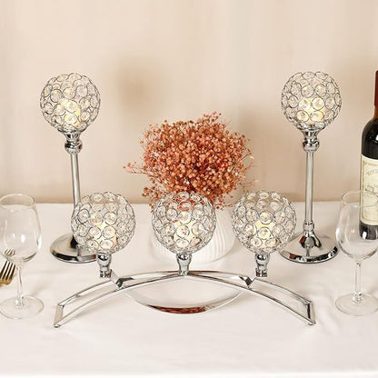 Silver Crystal Candle Holders Decorative Arch Candelabra 3-Arm Candlesticks Holder & 2 Glass Holders Table Centerpiece, Wedding, Party, Anniversary