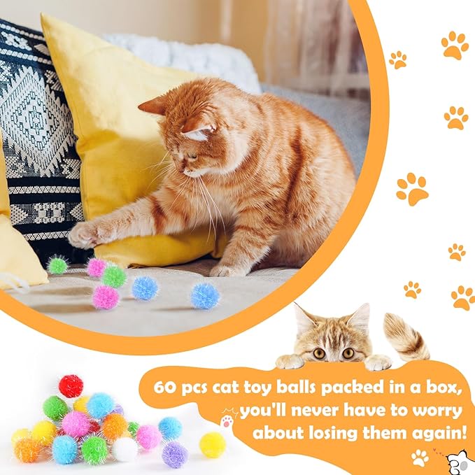 DF DUALFERV 60 Pcs Cat Pom Pom Balls, Interactive Cat Toys, Sparkle Balls for Cats, Extra Large and Fuzzy for Exercise and Entertainment, Multicolor, 1.5 Inch-Mewly Pet