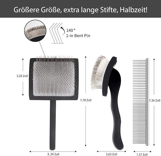 Dog Slicker Brush for Shedding and Grooming Medium or Long Haired Cats, Extra Long & Soft Pin Slicker Brush for Removes Loose Hair, Tangles, Knots, Undercoat, Free Pet Comb, Large Black-Mewly Pet