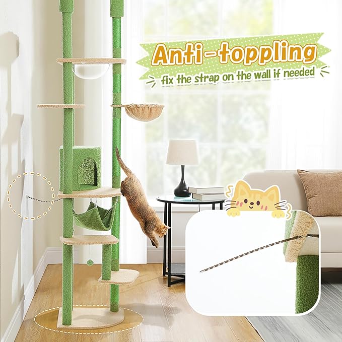 PEQULTI Floor to Ceiling Cat Tree 92.9’’-101.6’’ Height Adjustable Cat Tower Tall Kitty Climbing Play House with Scratching Posts, Cozy Condo, Perches and Large Hammock for Indoor Cats Green-Mewly Pet