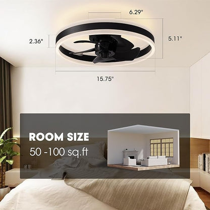 Ceiling Fans with Lights and Remote Flush Mount Black Ceiling Fan with Light,6 Speeds,LED Modern 15" Low Profile Ceiling Fans for Bedroom,Small Room