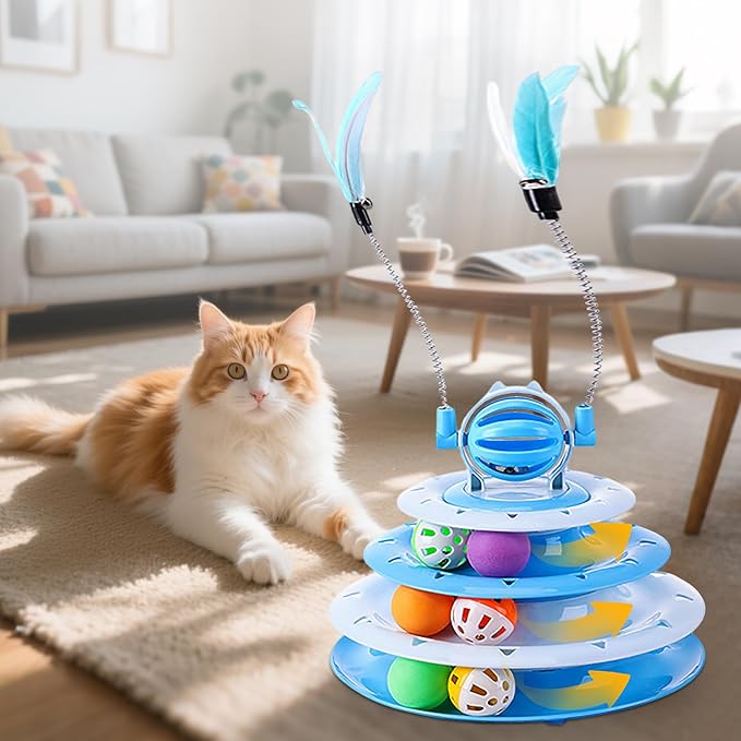 Vealind Cat Toy Roller 4-Level Turntable Cat Toys Balls with Colorful Pom Pom Balls Interactive Fun Mental Physical Exercise Puzzle Kitten Toys (Blue)-Mewly Pet