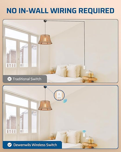 DEWENWILS Wireless Light Switch and Receiver Kit, 15A High Power, No Wiring, 100FT RF Range, 3 Way Remote Control Wall Switches for Lamps, Ceiling Lights, Fans, 2 Transmitter+1 Receiver