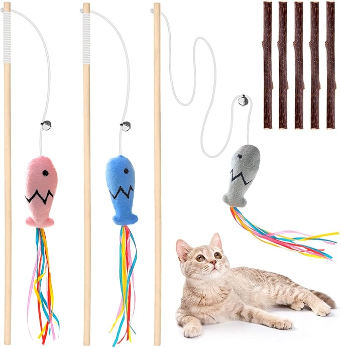 Natural Wood Cat Wand Toy with Ribbon Fish Teaser - 3pcs, 16 Inch, Indoor Cat Exerciser & Playing Kitten Toy, Bonus 5pcs Catnip Sticks for Teeth Cleaning-Mewly Pet