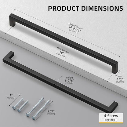 Goldenwarm 2 Pack Black Square Bar Cabinet Pull Drawer Handle Stainless Steel Modern Hardware for Kitchen and Bathroom Cabinets Cupboard,Center to Center 10in(256mm) Black Drawer Pulls