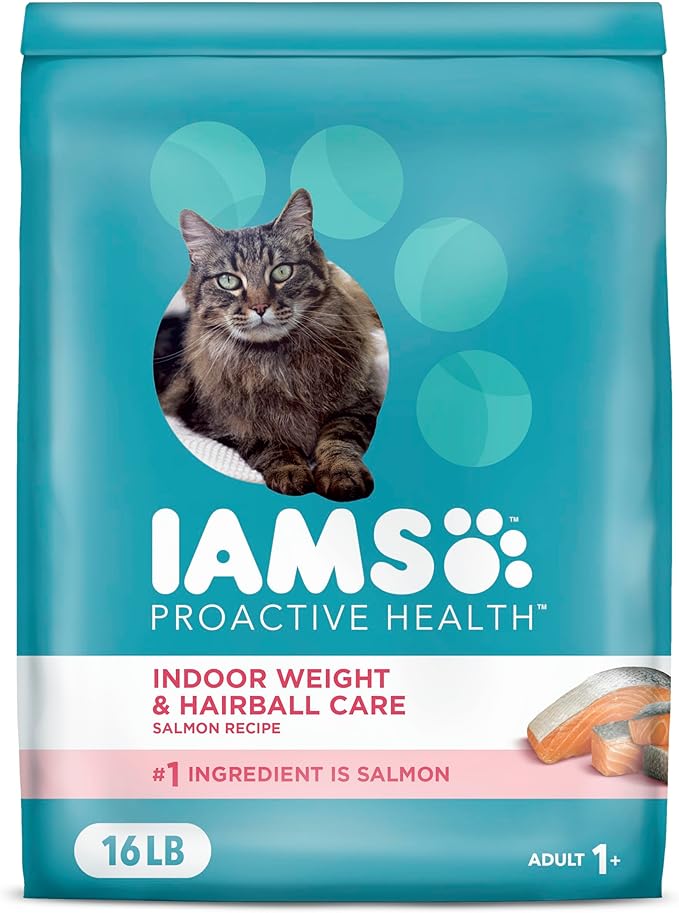 IAMS Proactive Health Indoor Weight Control & Hairball Care Adult Dry Cat Food, Salmon Recipe, 16 lb. Bag-Mewly Pet