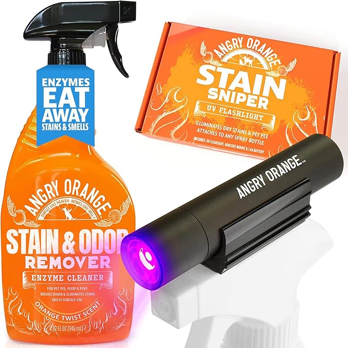 ANGRY ORANGE Pet Stain Remover Kit for Dog Urine - Enzyme Cleaner - Citrus - 32 oz + UV Flashlight-Mewly Pet