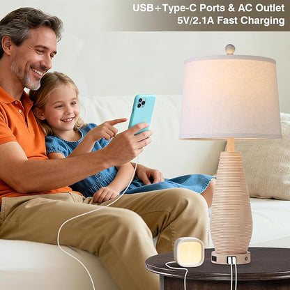 Farmhouse Table Lamps Set of 2 with USB C+A Ports and AC Outlet, 3 Way Touch Rustic Bedside Lamps for Living Room, 26.5" Cream Vintage Lamps for Bedroom Nightstand