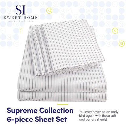 King Size Bed Sheets - 6 Piece 1500 Supreme Collection Fine Brushed Microfiber Deep Pocket King Sheet Set Bedding - 2 Extra Pillow Cases, Great Value, King, Pinstripe White