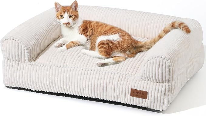 FUKUMARU Dog Couch Bed, Corduroy Cozy Cat Bed for Indoor Cats with Washable Cover, Supportive Waterproof Dog Beds Sofa for Small Dogs and Large Cats Cute, 28inch, Medium, Cream-Mewly Pet