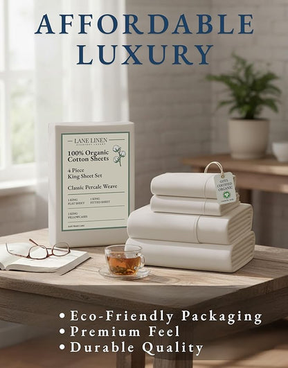 LANE LINEN 100% Organic Cotton King Bed Set, 4-Piece Cotton Bed Sheets, Crisp Percale Weave, Ultra Soft Bedding Sets & Collections, 15" King Size Sheets Deep Pocket Set - Glacier Grey