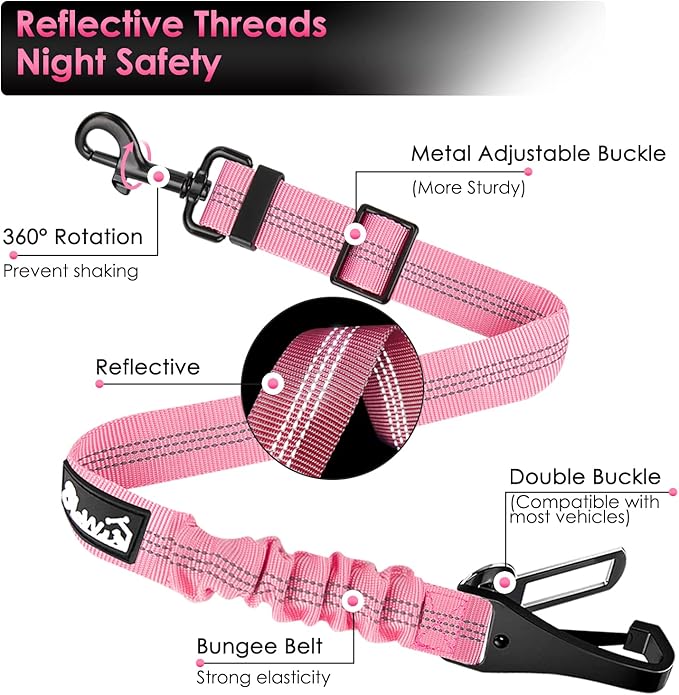 SlowTon Dog Seat Belt, Adjustable Dog Safety Belt Leash, 2 in 1 Latch Bar Attachment Dog Car Seatbelt with Elastic Nylon Bungee Buffer, Reflective Nylon Belt Tether(Pink,35.5in)-Mewly Pet