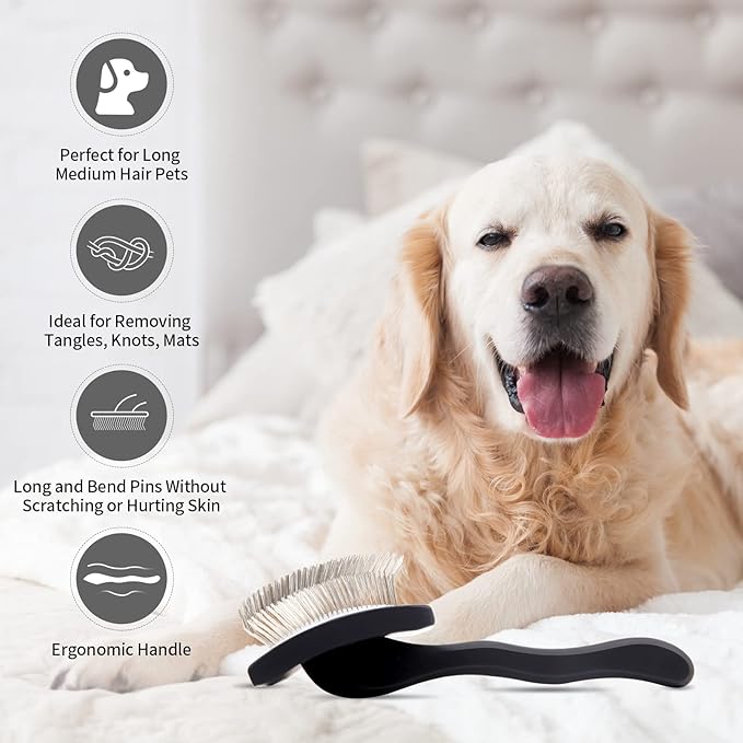 Dog Slicker Brush for Shedding and Grooming Medium or Long Haired Cats, Extra Long & Soft Pin Slicker Brush for Removes Loose Hair, Tangles, Knots, Undercoat, Free Pet Comb, Large Black-Mewly Pet