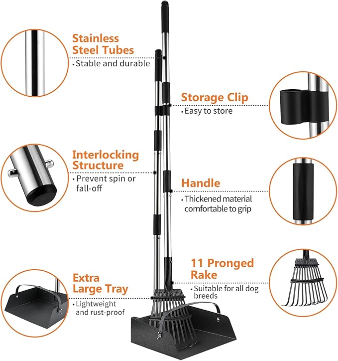 Toozey Unbreakable Dog Pooper Scooper with Extra Large Stainless Metal Poop Tray & 43.31" Long Handle Rake Scoop, Easy Waste Cleanup for Large, Medium, Small Dogs with 20 Bags-Mewly Pet