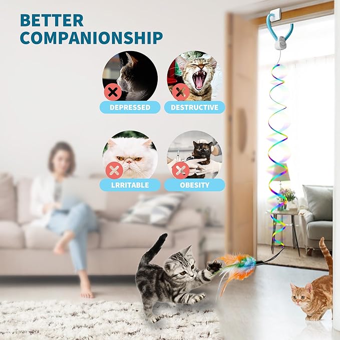 Interactive Cat Toys for Indoor Cats,Enrichment Stimulation Toys, Electric Hanging Door Clip Ribbon Kitty Toy,Automatic Play Chase Exercise Feather Toys for Bored Indoor Adult & Kitten Cats-Mewly Pet