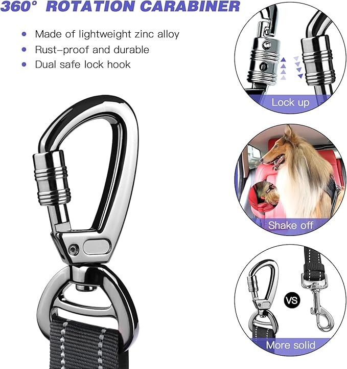 AUBELL Dog Seat Belt for Car,2 Pack Set 3-in-1 Adjustable Reflective Bungee Heavy Duty Dog Car Harness Tether with Clip Hook Latch & Buckle,Swivel Zinc Alloy Carabiner,Black+Black-Mewly Pet