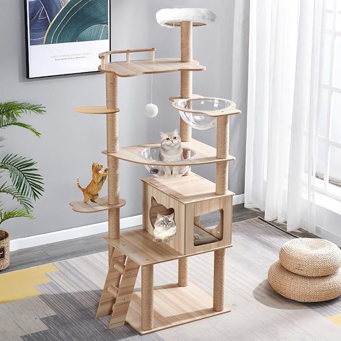 67-Inch Cat Tree for Indoor Cats Large Adult,Cat Tree Tower with Condo, Cat Stairs, 2 Bowl,14 Sisal Scratching Posts, Top Perch, with Padded Platform Bed,Toy Balls,Larg Large cat Tree.B12-Mewly Pet