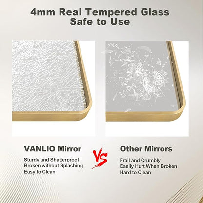 28x36 Gold Framed Bathroom Mirror, Brushed Gold Metal Vanity Mirror, Rectangle Modern Mirror for Wall, Rounded Corner, Tempered Glass, Anti-Rust, Shatterproof, Hangs Horizontally or Vertically