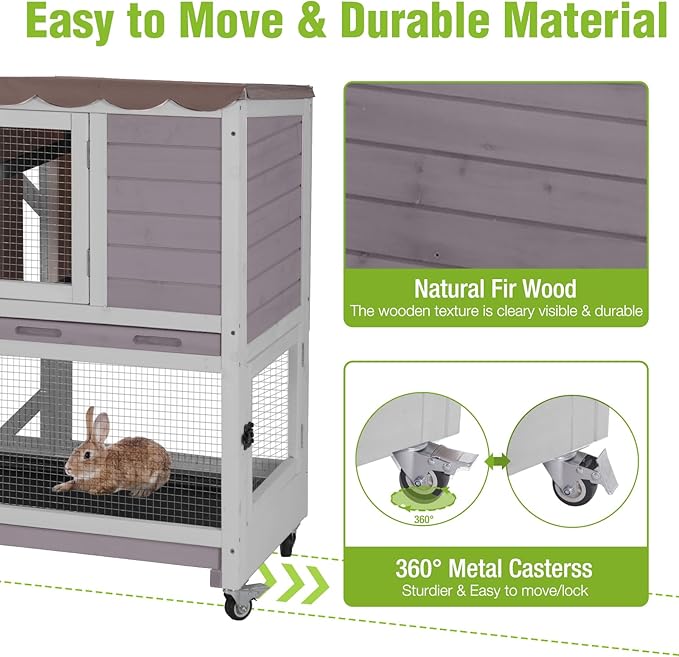 Wooden Rabbit Hutch with Two Story, Bunny Cage with Leak-Proof Trays, and Chew-Proof Ramp, Guinea Pig Cage with Wheels, Suitable for Indoor/Outdoor Use (Grey)-Mewly Pet