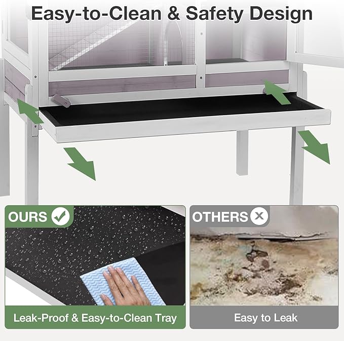 Guinea Pig Cage with Wooden Stand - Hamster Cage, Small Animal Cage Anti Chew Ramp, Hideout, Platform, Pull Out Tray (Grey, L)-Mewly Pet