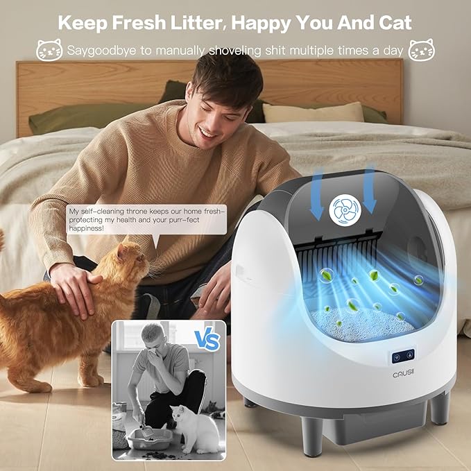 Automatic Litter Box, [Safe Anti-Pinch] CAUSII Large Capacity Self-Cleaning Cat Litter Box for Multiple Cats, App Control, Quiet & Odor-Free,for 3.5-24.2LB, with 30PCS Garbage Bags,Litter Mat-Mewly Pet