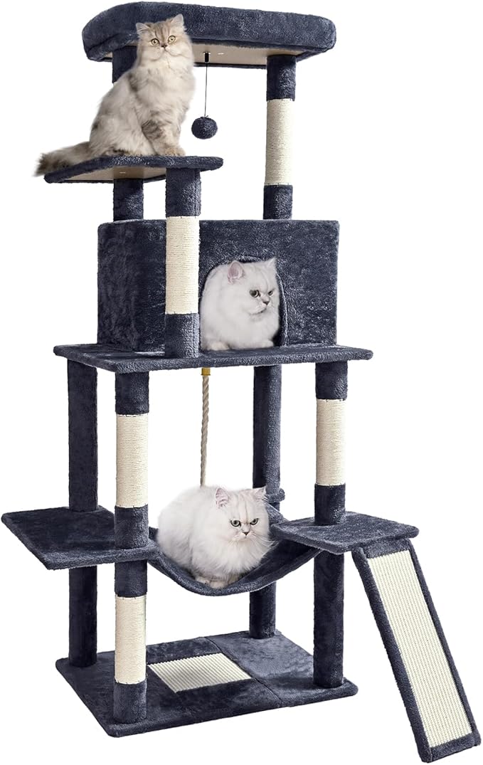 Cat Tree Tower 63in Multi-Level Cat Tower for Indoor Cats with Sisal Scratching Posts, Condo, Hammock, Dangling Ball and Extended Platform for Cats to Play, Dark Grey-Mewly Pet