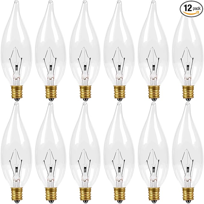 E12 Candle Light Bulbs 60W, Dimmable Warm White 2700K Chandelier Light Bulbs for Ceiling Fan or Pendants, CA10 Clear Candelabra Gold Base Bulbs, 12 Pack