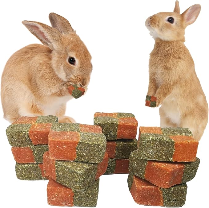 Fhiny 12 PCS Rabbit Carrots Chew Toys, Natural Timothy Hay Biscuit Cubes Rabbit Carrot Molar Treats Small Pet Snacks for Bunny Hamster Chinchilla Guinea Pig or Other Small Animals-Mewly Pet