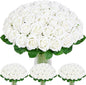 BLEUM CADE 100 Pcs White Roses Artificial Flowers, Real Touch Velvet Roses Fake Flowers Bulk, Artificial Roses Bouquet with Long Stems Bridal DIY Wedding Party Centerpiece Decorations