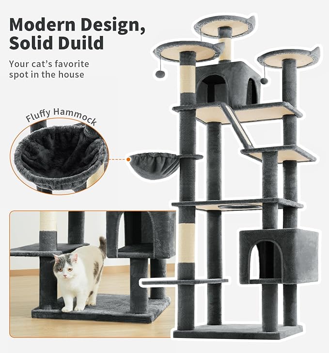 Made4Pets Tall Cat Tree, 80" Cat Tree Tower for Indoor Cats Large Adult, Modern Cat Tower with Scratching Post, Cozy Hammock, 3 Perches and 2 Condos, Sturdy and Fluffy, Dark Gray-Mewly Pet