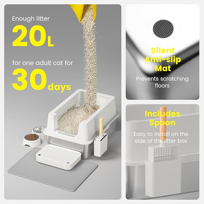 Stainless Steel Cat Litter Box - Enclosed XL Metal Kitty Litter Box with Lid for Big Cats, High Sided, Anti-Leakage, Easy Cleaning, Non-Sticky, Included Litter Mat, Cat Bowl & Spoon-Mewly Pet