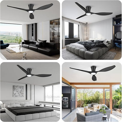 TALOYA Ceiling Fans with Lights,52 inch Modern Low Profile Ceiling Fan with Quiet Reversible DC Motor,Flush Mount,3CCT, Black Ceiling Fan for Bedroom Living Room Kitchen and Patio