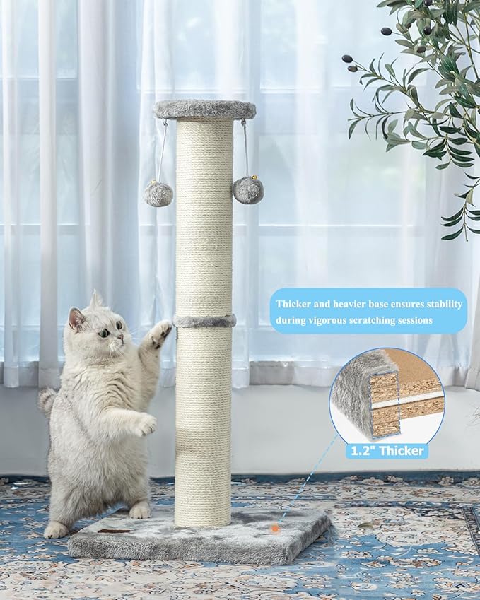 Kilodor 34Inch Tall Cat Scratching Post,4.3Inch Diameter Large Sisal Cat Scratch Post with Ball, Sturdy and Durable Cat Scratcher for Indoor Cats Adults Grey-Mewly Pet